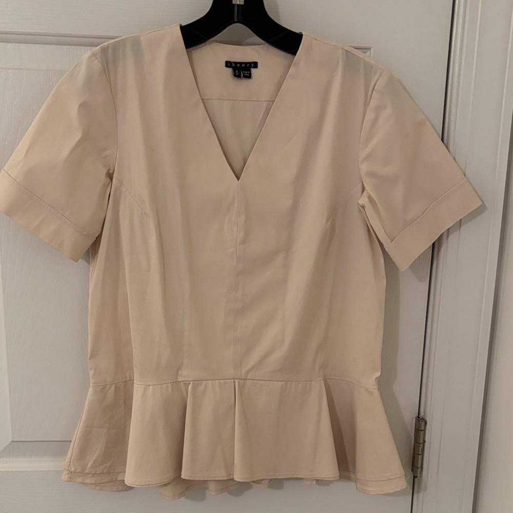 Theory Cream V-Neck Peplum Blouse Cotton